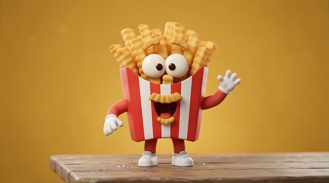 Funny French fries character waving hello on a wooden table against yellow background