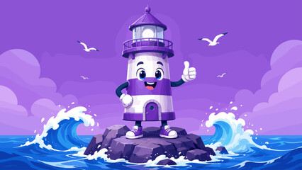 Naklejka premium Cartoon lighthouse character giving a thumbs up on a rocky island