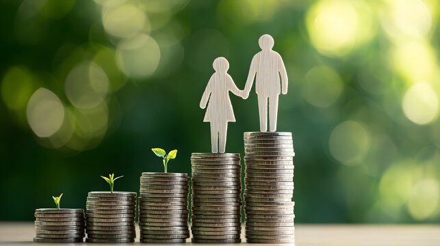 Ascending stacks of coins with parent and child figures, family financial growth and savings concept for future planning, education fund, investment, inheritance, security and generational wealth