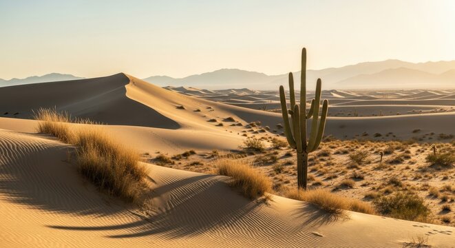 Majestic saguaro cactus stands tall amidst golden desert dunes under a hazy sky