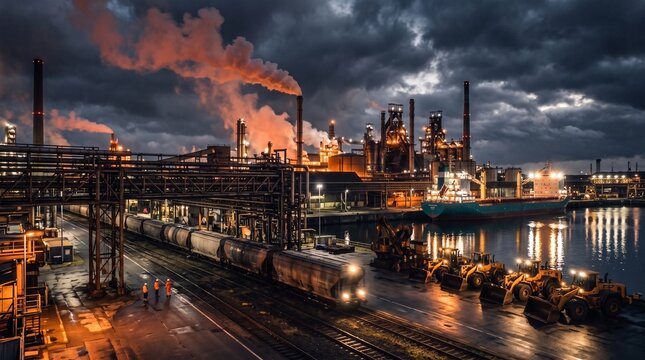 ライトアップされた巨大な製鉄所と煙突が並ぶ夜のインダストリアル風景