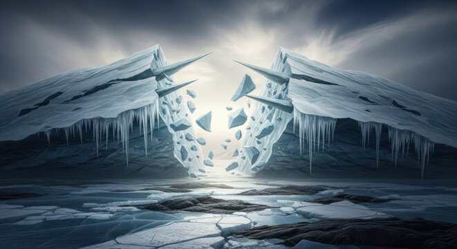 Majestic ice cave entrance illuminated by a brilliant light source