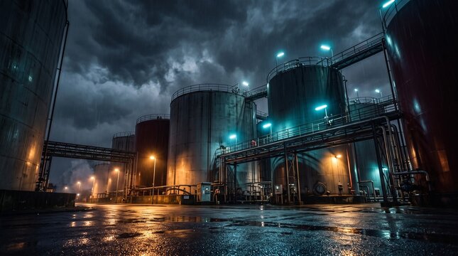 重工業を象徴する夜の製鉄工場と暗い空に広がる煙のドラマチックな風景