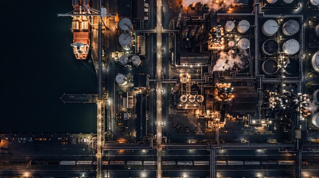 暗い空の下で光る製鉄所と鉄道・港湾設備が広がる工業地帯の夜景