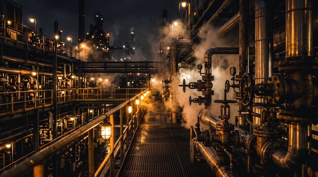 夜の工業プラントに張り巡らされた配管と蒸気が立ち上る重厚な製鉄工場の設備風景