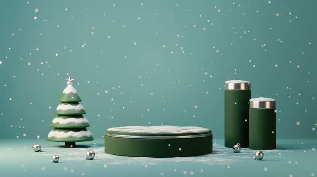 Festive green product display podium featuring miniature Christmas tree under snow