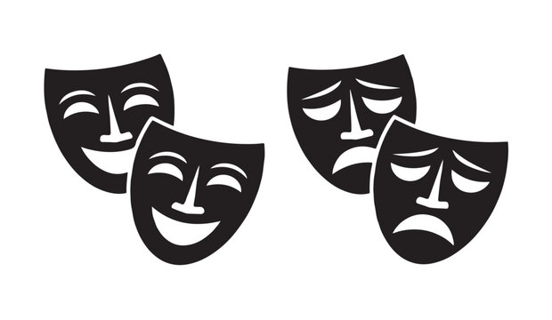 Set of black theater masks icons depicting comedy and tragedy emotions on transparent background for actor.