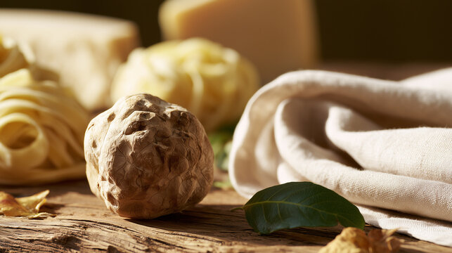 Premium Alba White Truffle Festival Culinary Ingredient Placed Near Fresh Pasta And Linen Fabric