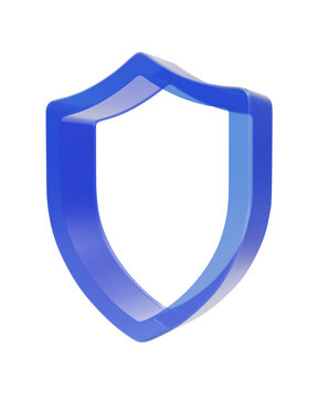 Glossy blue 3d shield with a smooth glass texture isolated on a solid black background, for web