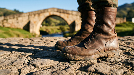 Fototapeta premium Close-up of dirty leather combat boots standing on a stone road with an old stone arch bridge in the background