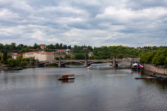 boats in the river in Prague, overlooking the Vltava river