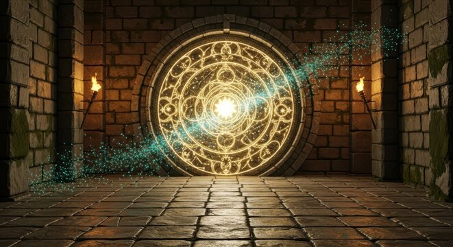 Ancient stone chamber reveals a glowing mystical portal with intricate golden runes and magical energy