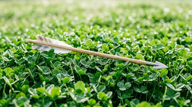 Arrow lying on green clover field close up detail.