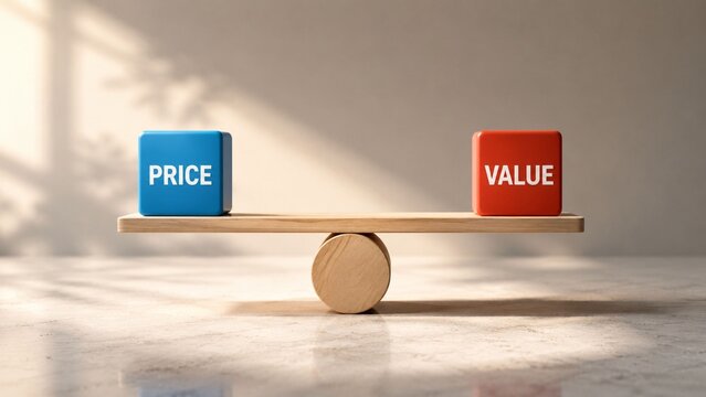 Price versus value concept shown on a wooden balance scale with blue and red cubes, business investment comparison
