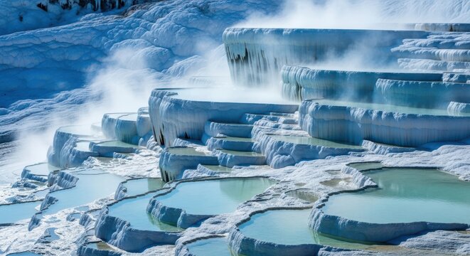 Steaming turquoise pools cascading down white terraces of pamukkale turkey