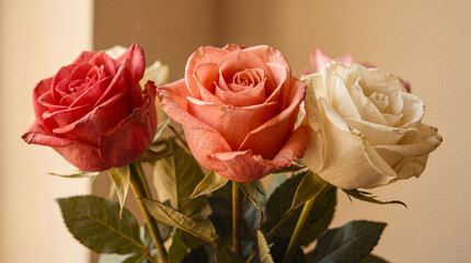 Fototapeta premium A fresh bouquet of three colorful roses, featuring vibrant red, soft peach.