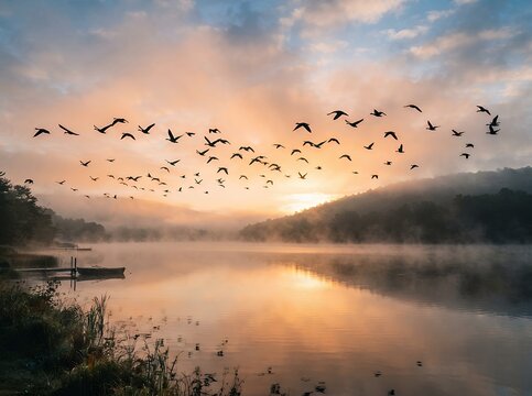 Flock of Birds Flying Over Misty Lake at Sunrise.