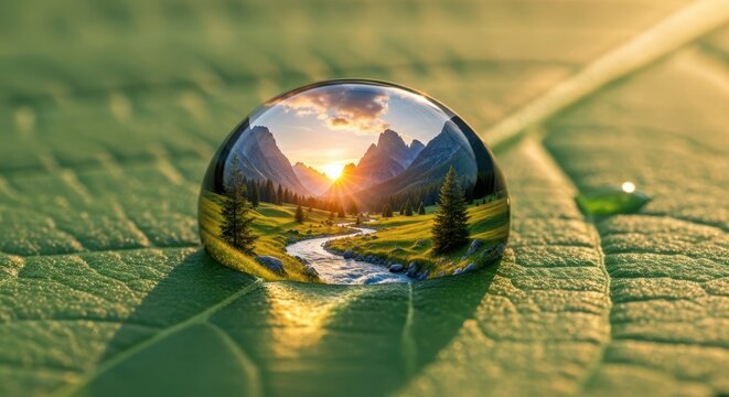 A single dewdrop on a green leaf reflects a vibrant sunset over a scenic mountain landscape