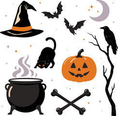 Fototapeta premium Set of traditional halloween symbols including pumpkin and witch hat and black cat for designs