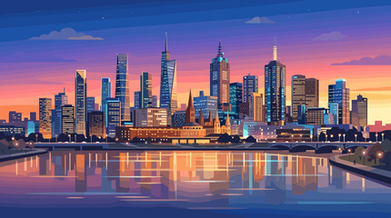 Naklejka premium Vibrant city skyline illuminated at twilight with colorful sky and water reflections
