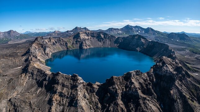 Majestic Crater Lake Surrounded by Rugged Mountains Under a Clear Blue Sky.