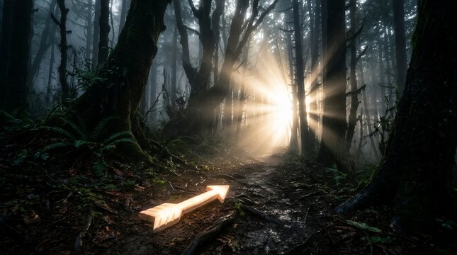 Mysterious forest path illuminated by bright sunlight with an arrow pointing forward.