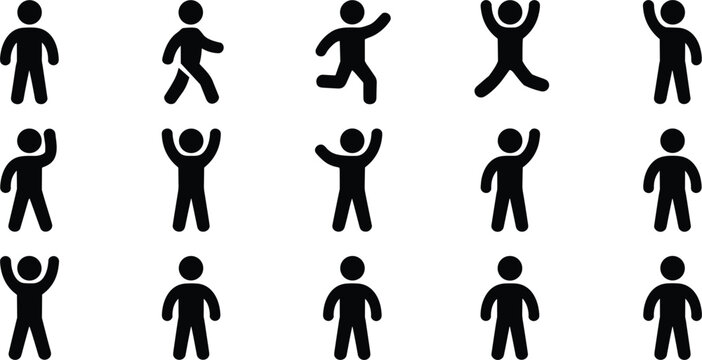 Collection of black stick figure showing various human poses, standing, walking, running, jumping, and waving, isolated on a white background, set