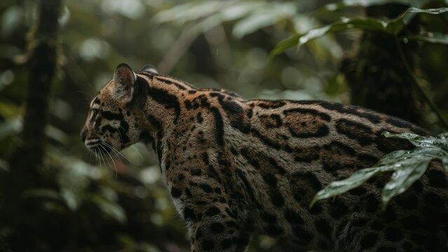 A clouded leopard prowls through dense jungle foliage in its natural tropical habitat.