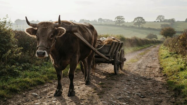 A powerful ox pulling a wooden cart along a rural dirt road in the misty countryside.