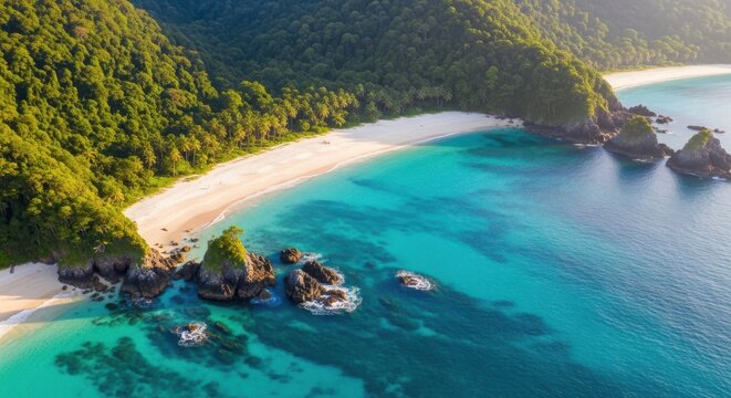 Lush green mountains meet turquoise waters on a pristine tropical beach