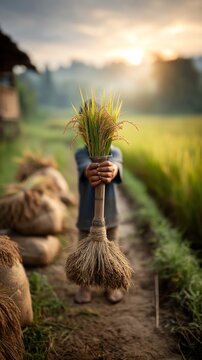 Farmer in field holding harvested rice bundle. Golden sunlight, paddy field background