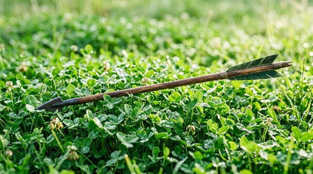 Wooden arrow lying on green grass close up detail.