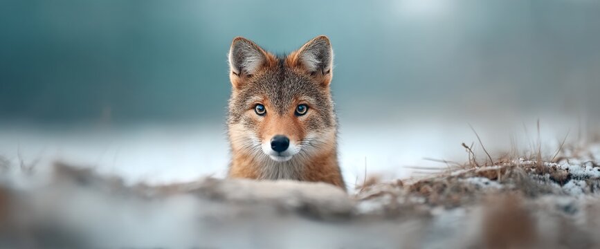 A stunning portrait of a coyote with focused eyes in a wintery landscape. Snowy environment