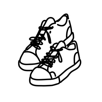 Simple black and white outline doodle illustration of a pair of classic lace-up sneakers or canvas shoes. Ideal for fashion, lifestyle, youth, and sports themes.