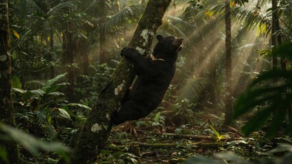 Fototapeta premium A sunlit dense jungle with lush greenery as a sun bear climbs a tree trunk.