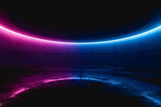 A dark empty indoor space features a curved pink-to-blue neon light strip casting reflections on textured surfaces, creating a futuristic minimalist scene.