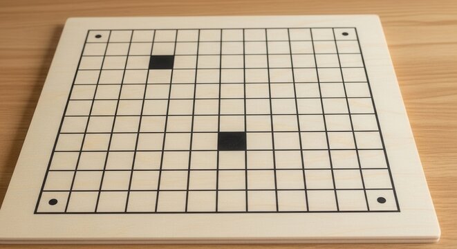 Empty Go board on wooden surface with grid pattern.