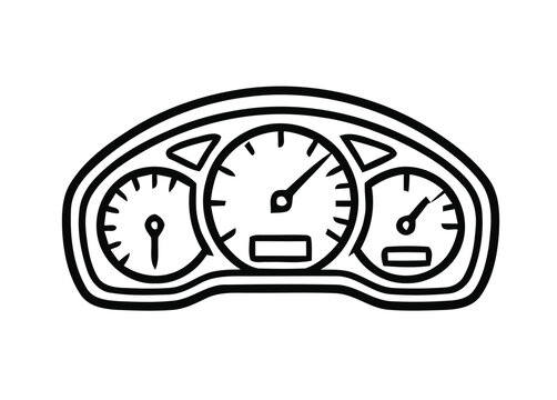 Minimalist car dashboard line art icon showing speedometer tachometer and fuel gauges for automotive design projects.