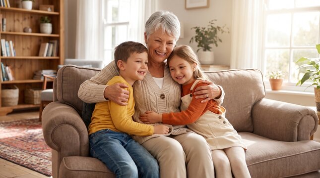Happy grandmother hugging young grandchildren on sofa in sunlit home living room