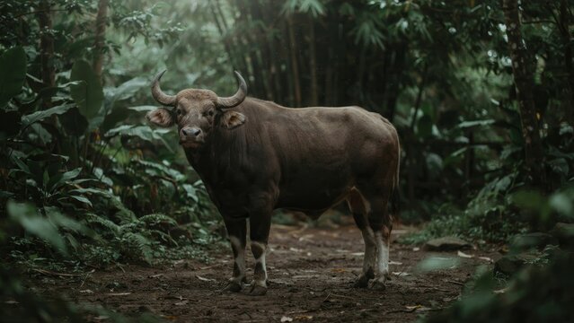 A large wild gaur stands alert in the lush green tropical rainforest.
