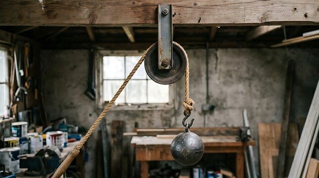 Vintage iron pulley with rope and heavy metal weight hanging in a rustic workshop garage