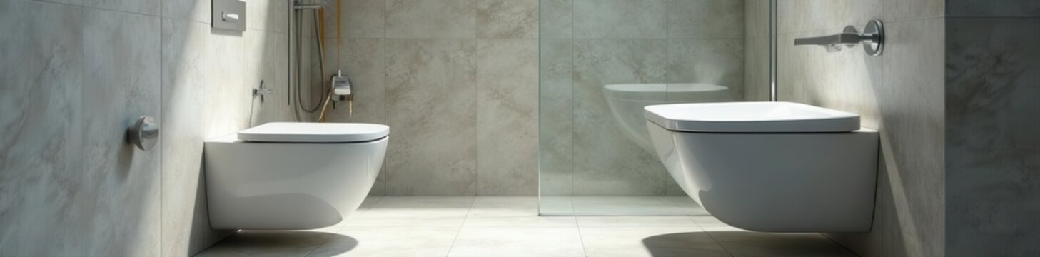 Sleek toilet beside glass shower, modern bath , hygiene, bathroom suite, frameless shower