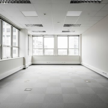 Empty modern office space with large windows and white walls.