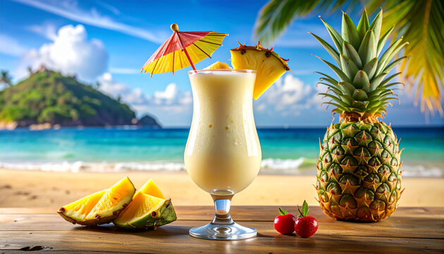 Tropical cocktail and pineapple beach scene