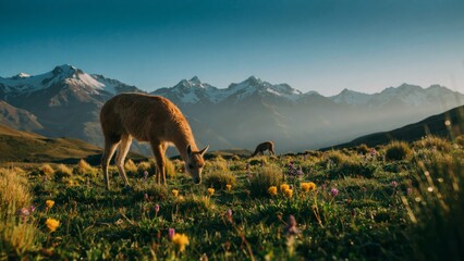 Naklejka premium A solitary vicuna grazes in a vibrant alpine meadow with majestic snow-capped mountains in the background.