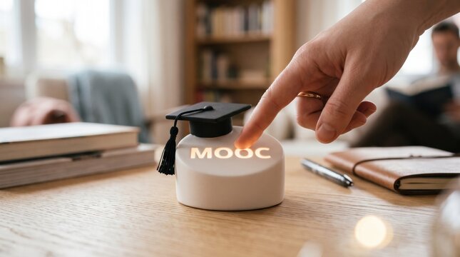 Graduation cap on small device with MOOC text being pressed by finger in living room.