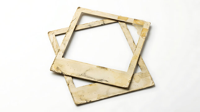 Two vintage, weathered, and aged empty polaroid photo frames stacked on top of each other, isolated on white background