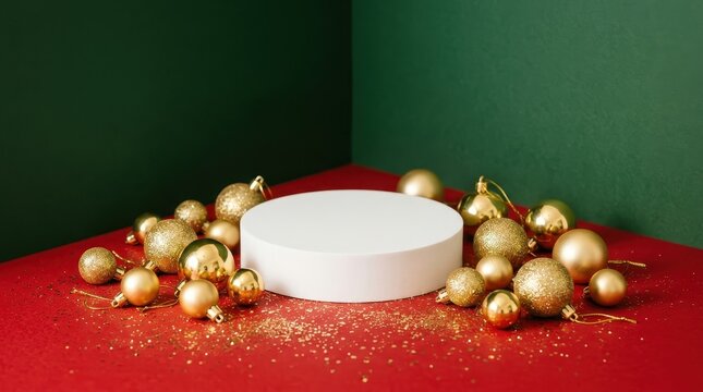 Round white product display pedestal surrounded by festive golden ornaments
