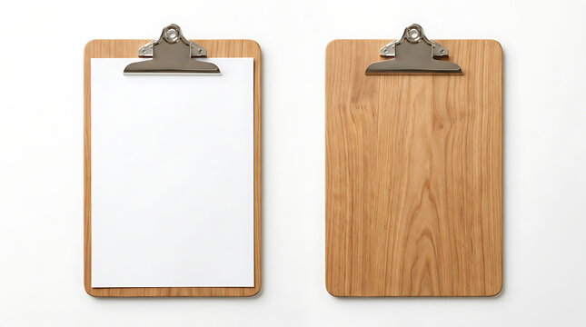 Two wooden clipboards, one with a blank white sheet of paper and one empty, isolated on white background