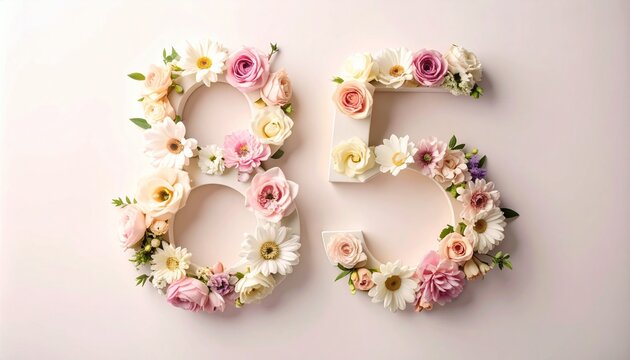 Elegant Number Eighty Five Formed With Delicate Spring Flowers And Petals
